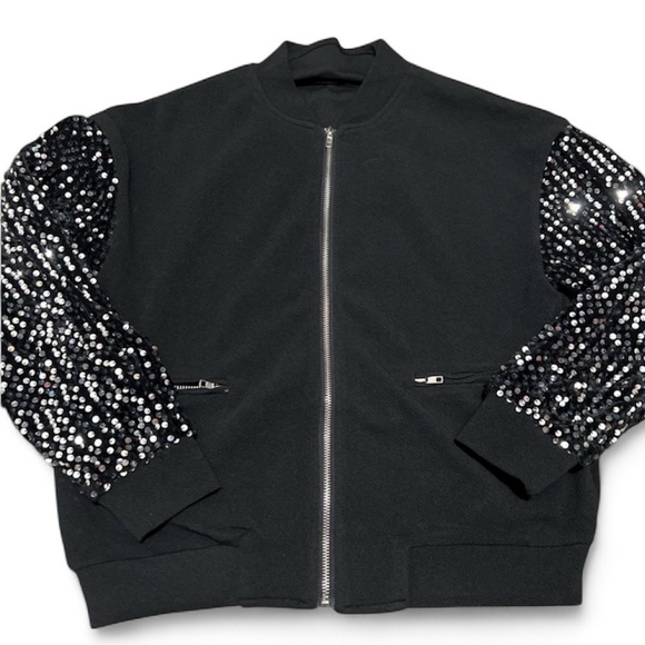 SHEIN Jackets & Blazers - Black Sequin Long Sleeve Bomber Zip-Up Jacket
